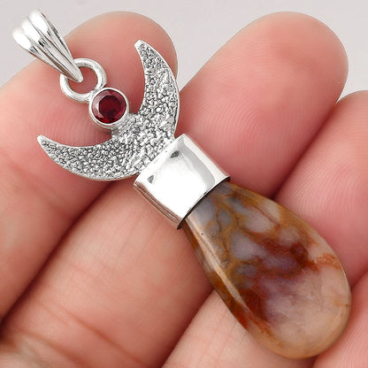 Crescent Moon Red Moss Agate and Garnet Pendant P-1453 SDP154774