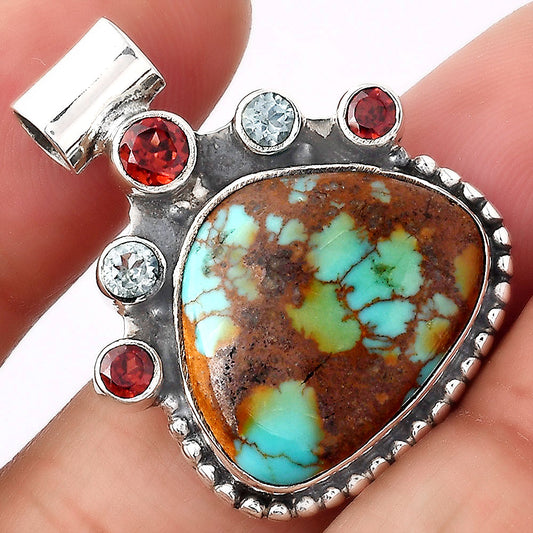 Lucky Charm Tibetan Turquoise, Garnet & Sky Blue Topaz Pendant P-1519 SDP154949