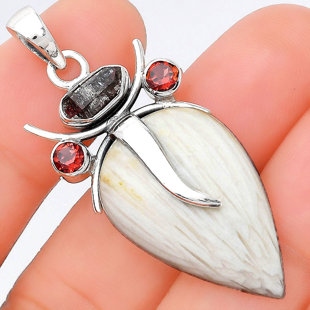 Lord Ganesha White Scolecite, Herkimer Diamond & Garnet Silver Pendant P-1588 SDP155156