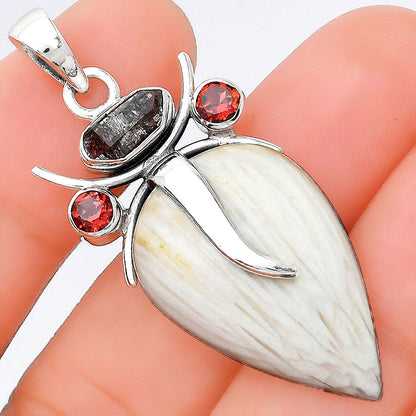 Lord Ganesha White Scolecite, Herkimer Diamond & Garnet Silver Pendant P-1588 SDP155156