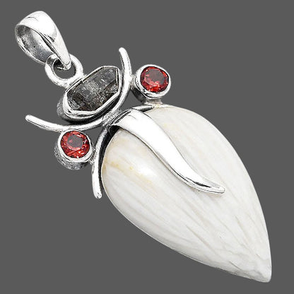 Lord Ganesha White Scolecite, Herkimer Diamond & Garnet Silver Pendant P-1588 SDP155156