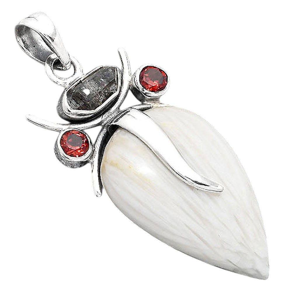 Lord Ganesha White Scolecite, Herkimer Diamond & Garnet Silver Pendant P-1588 SDP155156