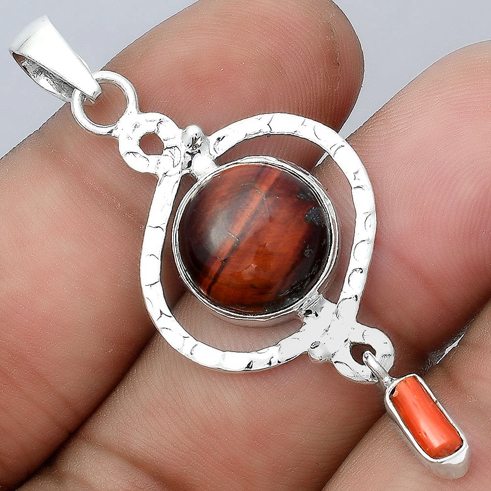 Natural Red Tiger Eye and Coral Stick Pendant P-1115 SDP155914