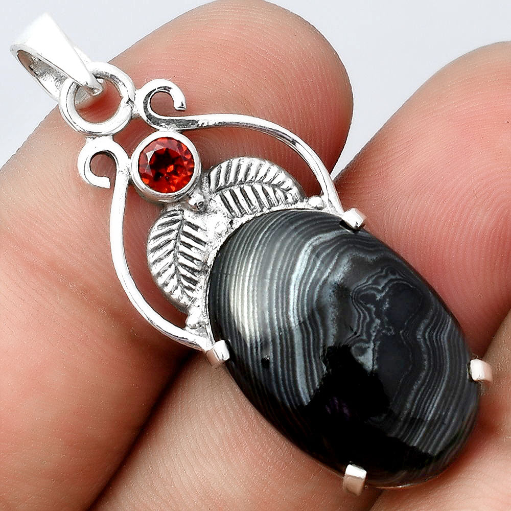 Crown Of Silver Psilomelane Black Malachite and Garnet Pendant P-1434 SDP155930