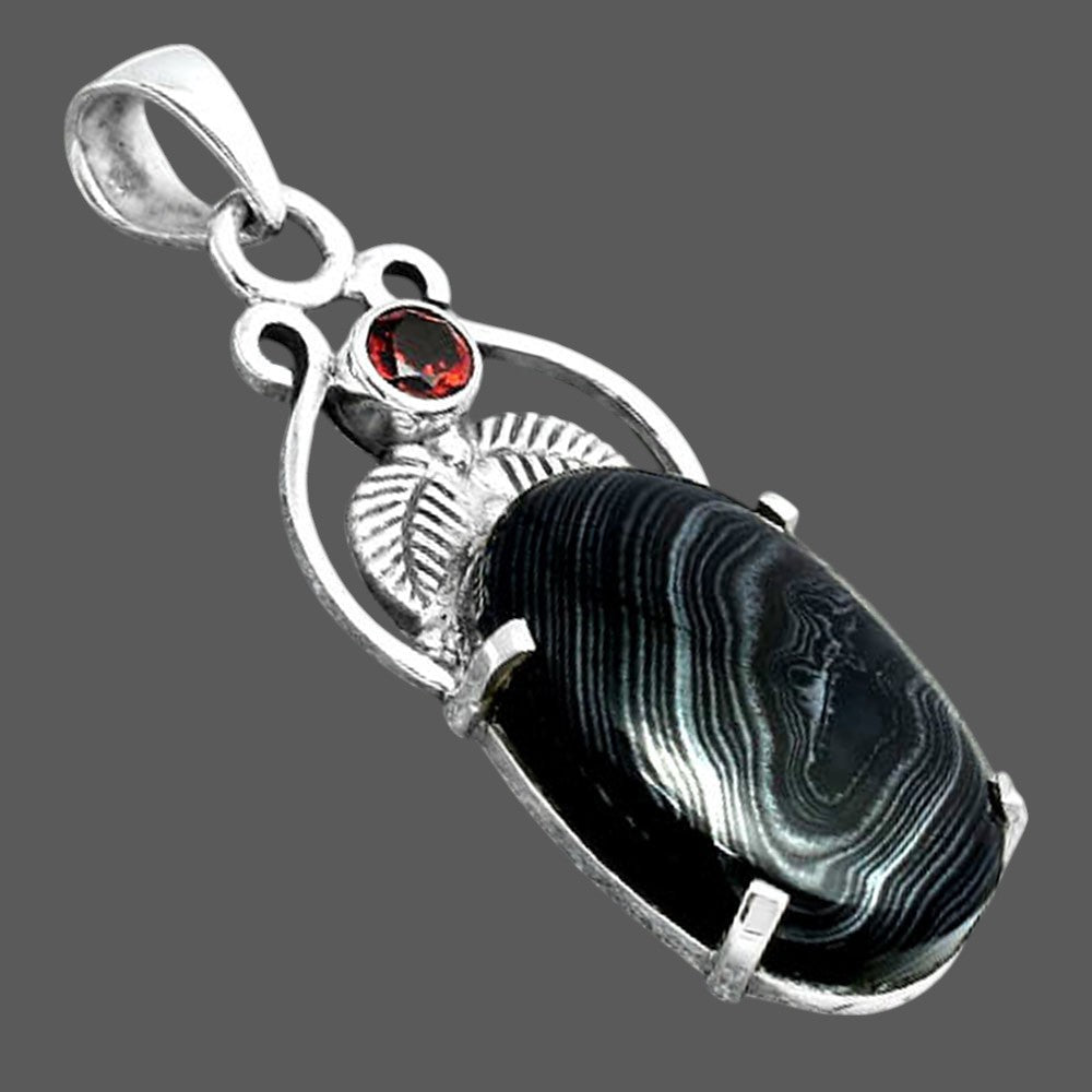 Crown Of Silver Psilomelane Black Malachite and Garnet Pendant P-1434 SDP155930