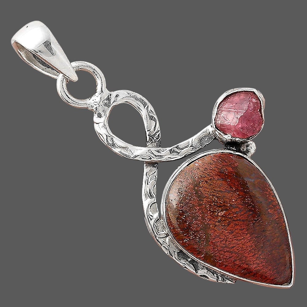 Red Moss Agate & Pink Tourmaline Rough Pendant P-1111 SDP156064