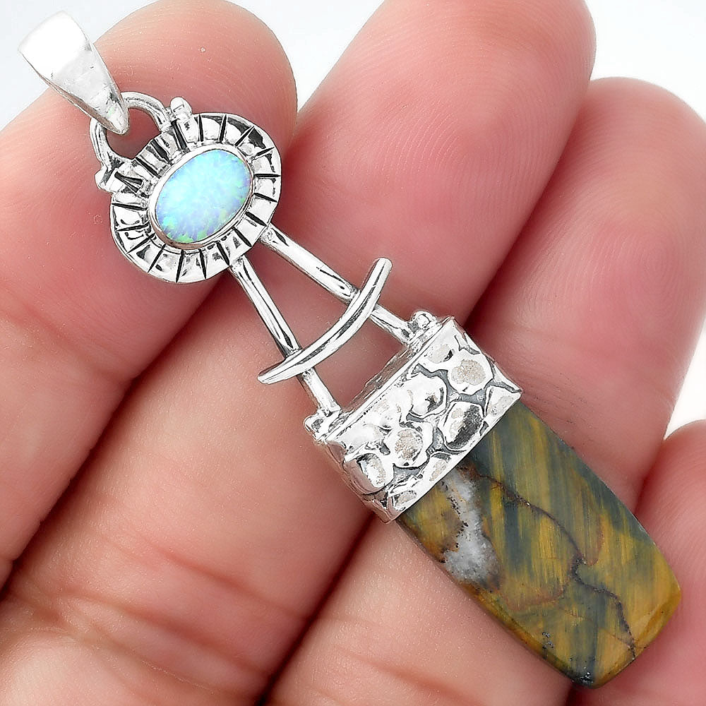 Natural Blue Tiger Eye & Fire Opal Pendant P-1193 SDP156964