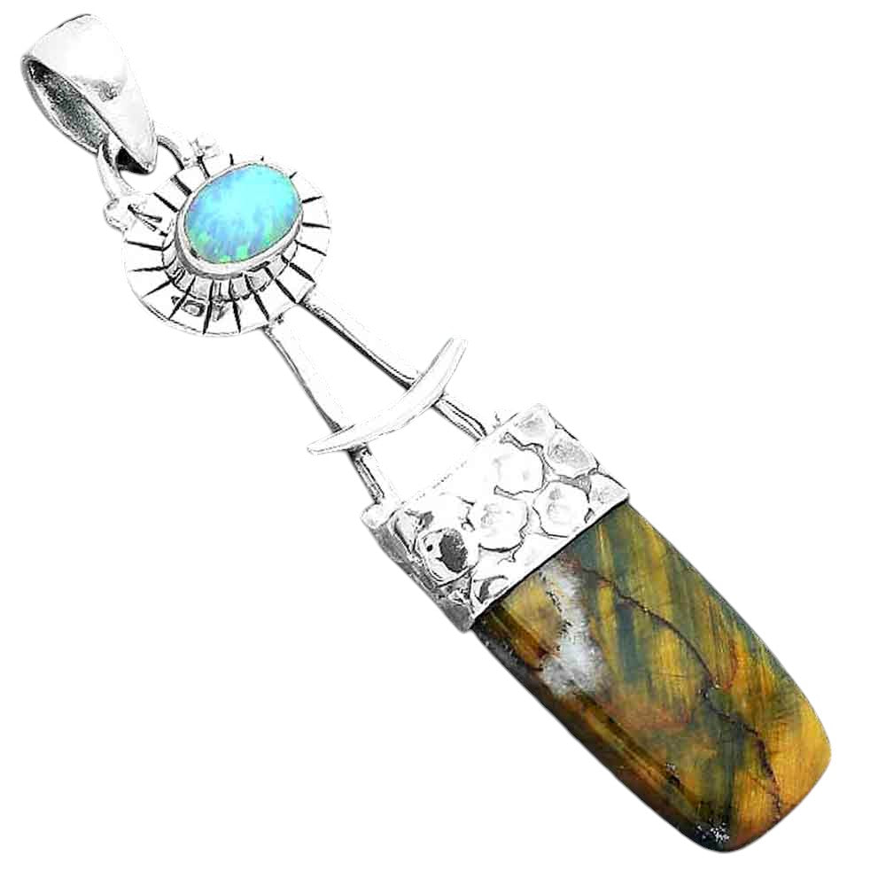 Natural Blue Tiger Eye & Fire Opal Pendant P-1193 SDP156964