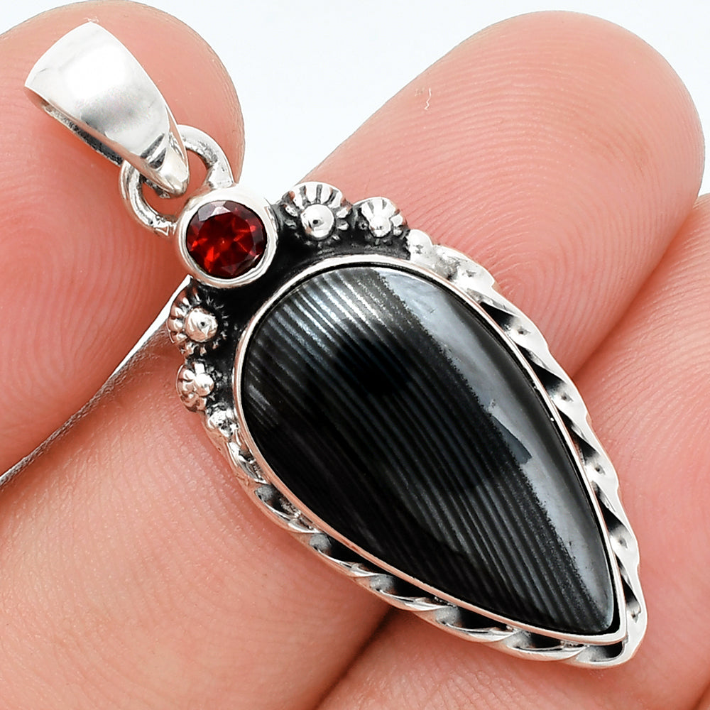 Crown Of Silver Psilomelane - Black Malachite & Garnet Pendant P-1482 SDP157679