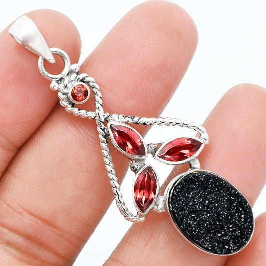 Black Druzy & Garnet Pendant P-1610 SDP157706