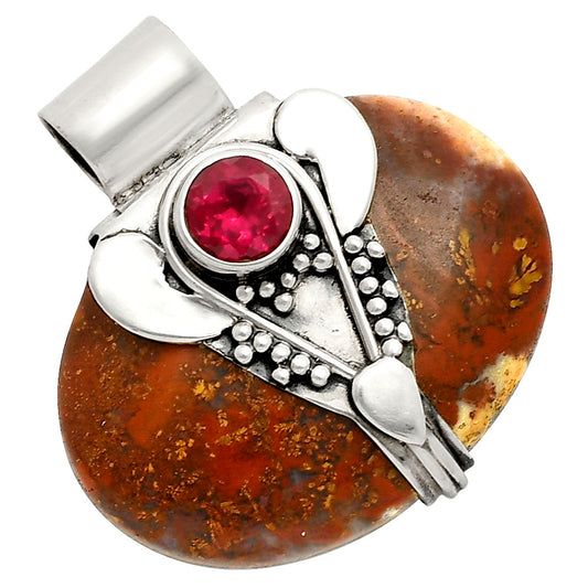 Lord Ganesha Red Moss Agate and Ruby Pendant P-1464 SDP157762
