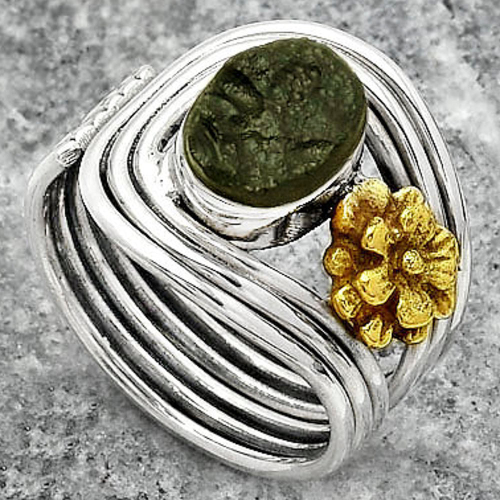 Two Tone Adjustable Flower - Tektite Rough Ring size-8 R-1491 SDR150931