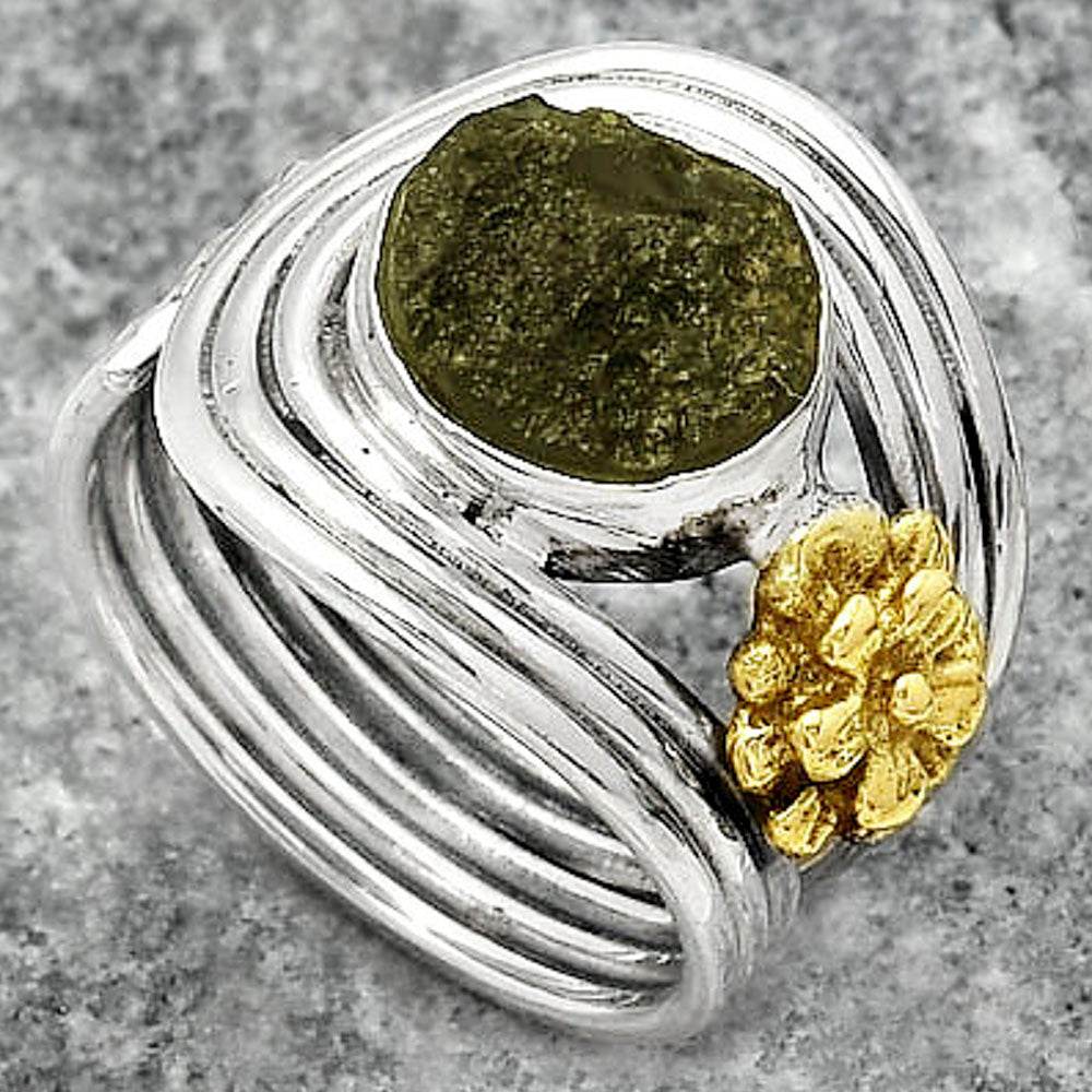 Two Tone Adjustable Flower - Tektite Rough Ring size-7 R-1491 SDR150932