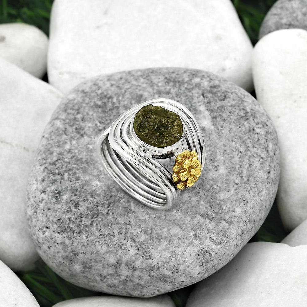 Two Tone Adjustable Flower - Tektite Rough Ring size-7 R-1491 SDR150932