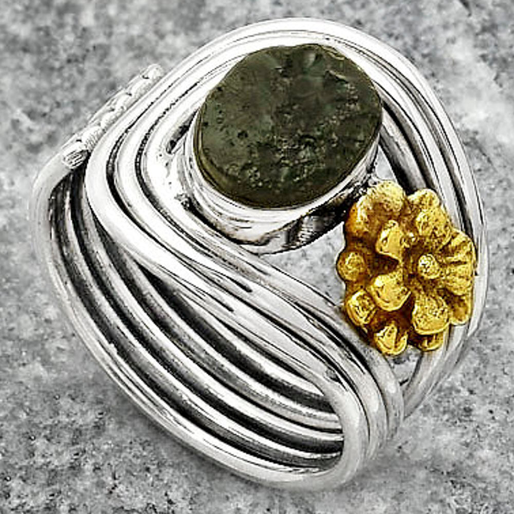 Two Tone Adjustable Flower - Tektite Rough Ring size-7 R-1491 SDR150934