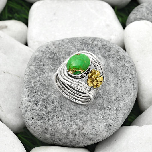 Two Tone Adjustable Flower - Copper Green Turquoise Ring size-6.5 R-1491 SDR150961