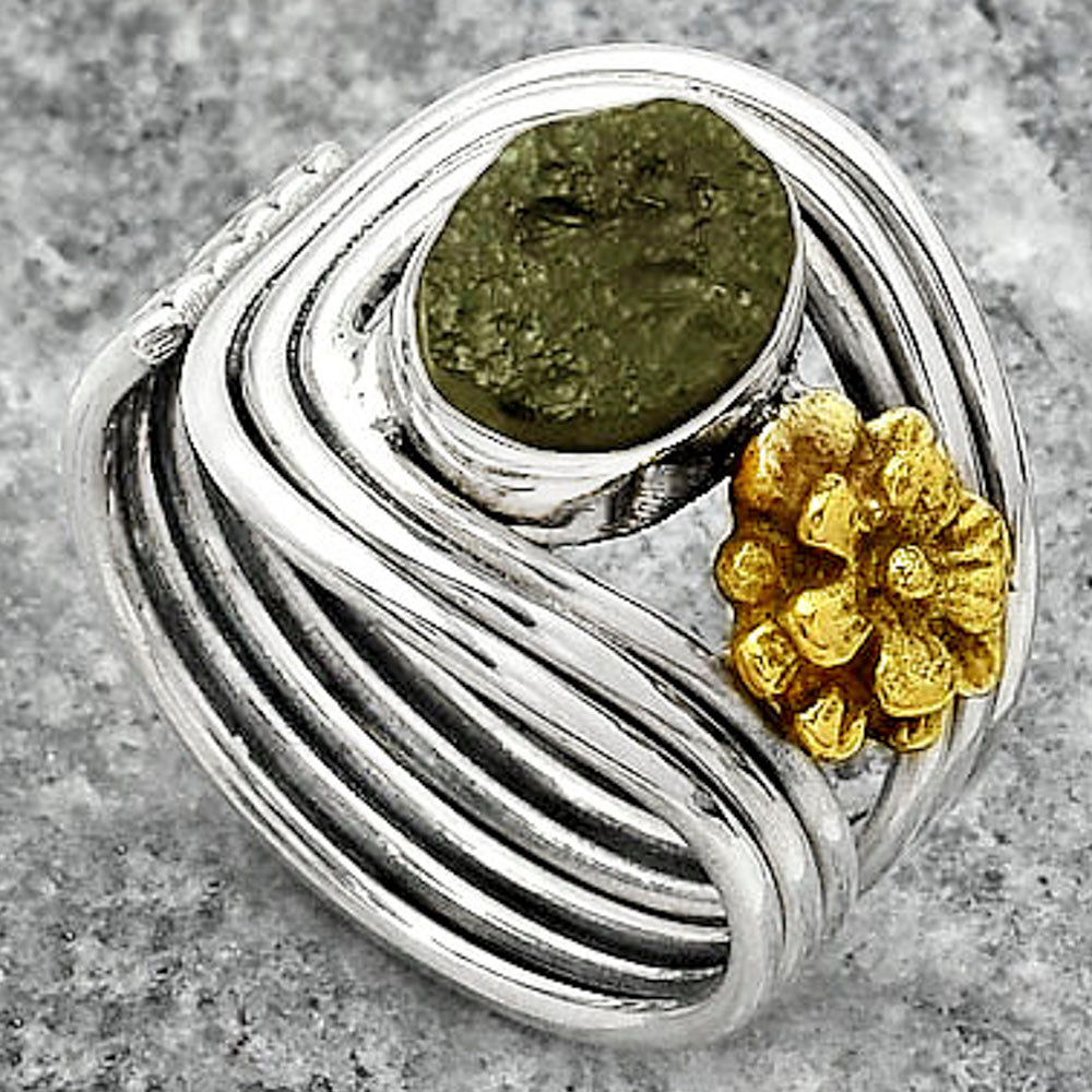 Two Tone Adjustable Flower - Tektite Rough Ring size-7.5 R-1491 SDR150967