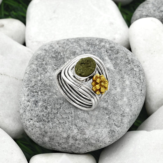 Two Tone Adjustable Flower - Tektite Rough Ring size-7.5 R-1491 SDR150967