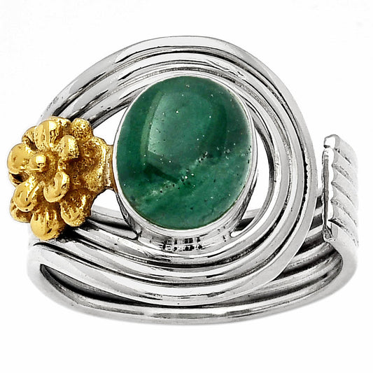 Two Tone Adjustable Flower Green Aventurine Ring size-7.5 R-1491 SDR150970