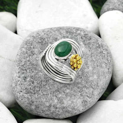 Two Tone Adjustable Flower Green Aventurine Ring size-7.5 R-1491 SDR150970