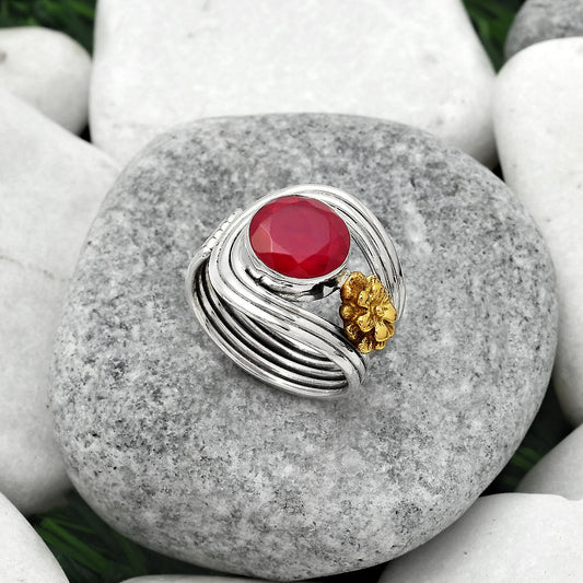 Two Tone Adjustable Flower Lab Created Ruby Ring size-6.5 R-1491 SDR150975