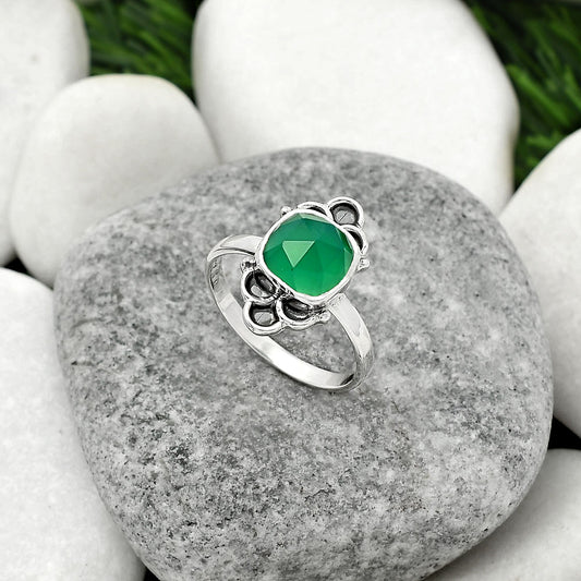 Faceted Natural Green Onyx Ring size-8 R-1104 SDR162083