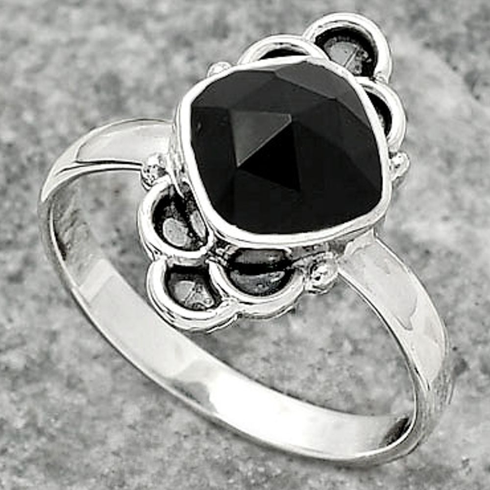 Faceted Natural Black Onyx Brazil Ring size-8.5 R-1104 SDR162098