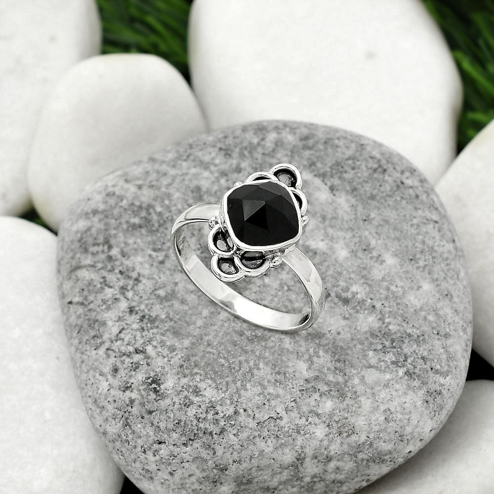 Faceted Natural Black Onyx Brazil Ring size-8.5 R-1104 SDR162098