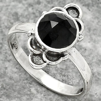 Faceted Natural Black Onyx Brazil Ring size-8.5 R-1104 SDR162102