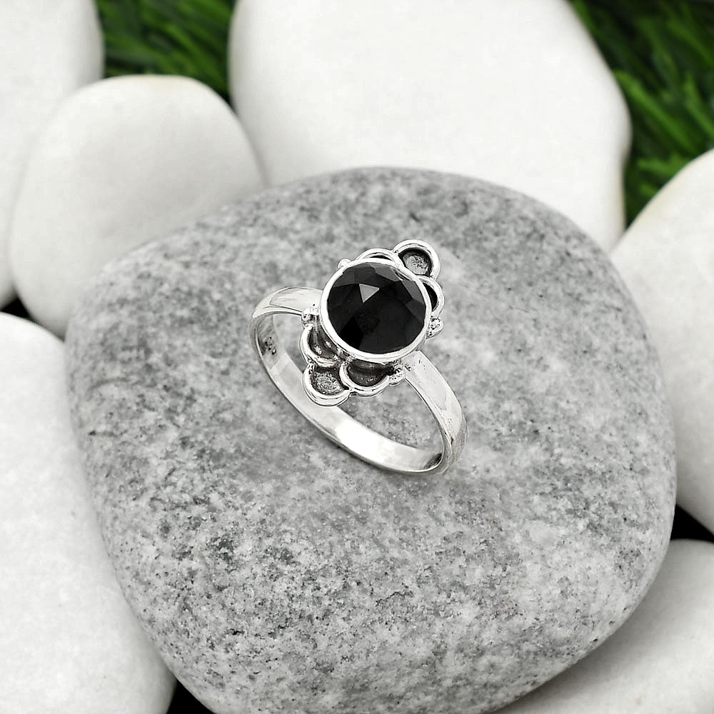 Faceted Natural Black Onyx Brazil Ring size-8.5 R-1104 SDR162102