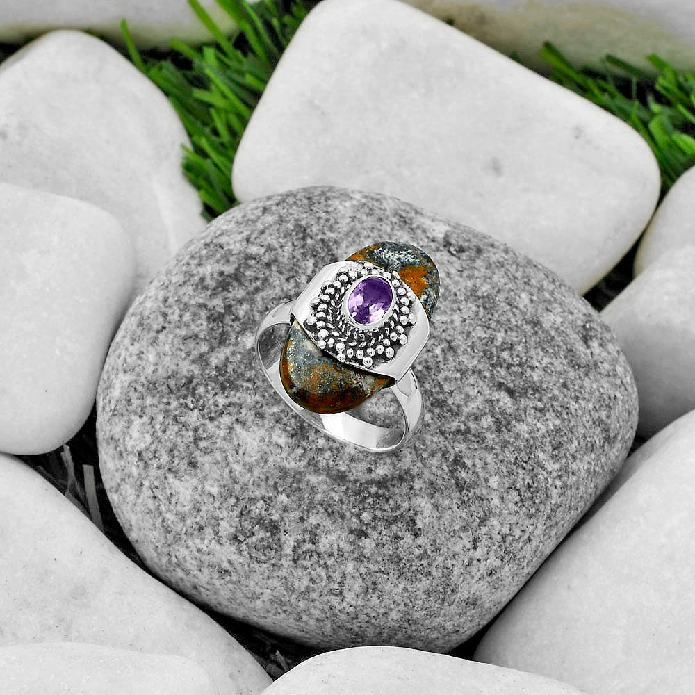 Indian Blanket Jasper & Amethyst Ring size-7 R-1371 SDR174666