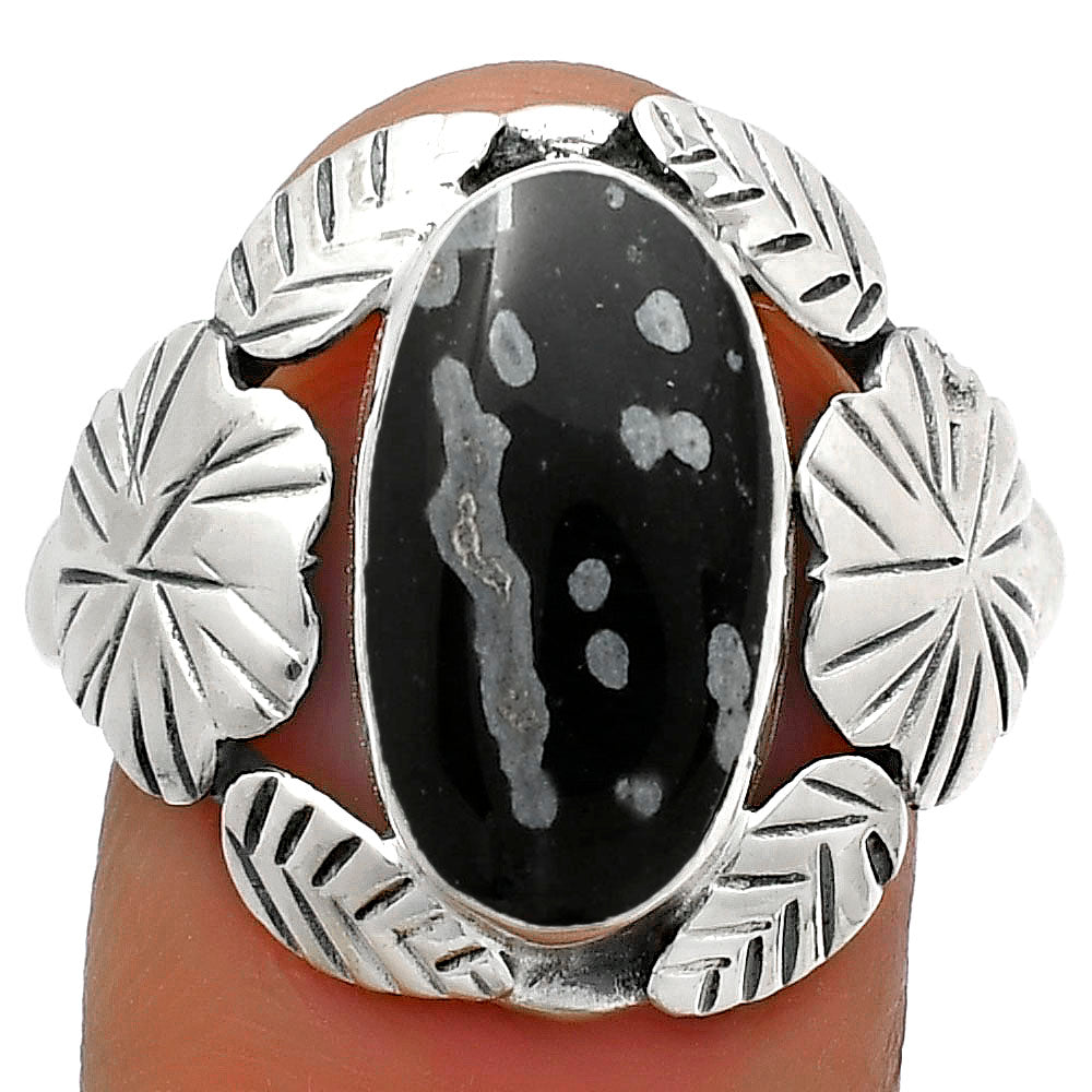 Southwest Design Snow Flake Obsidian Ring size-8.5 R-1352 SDR176254