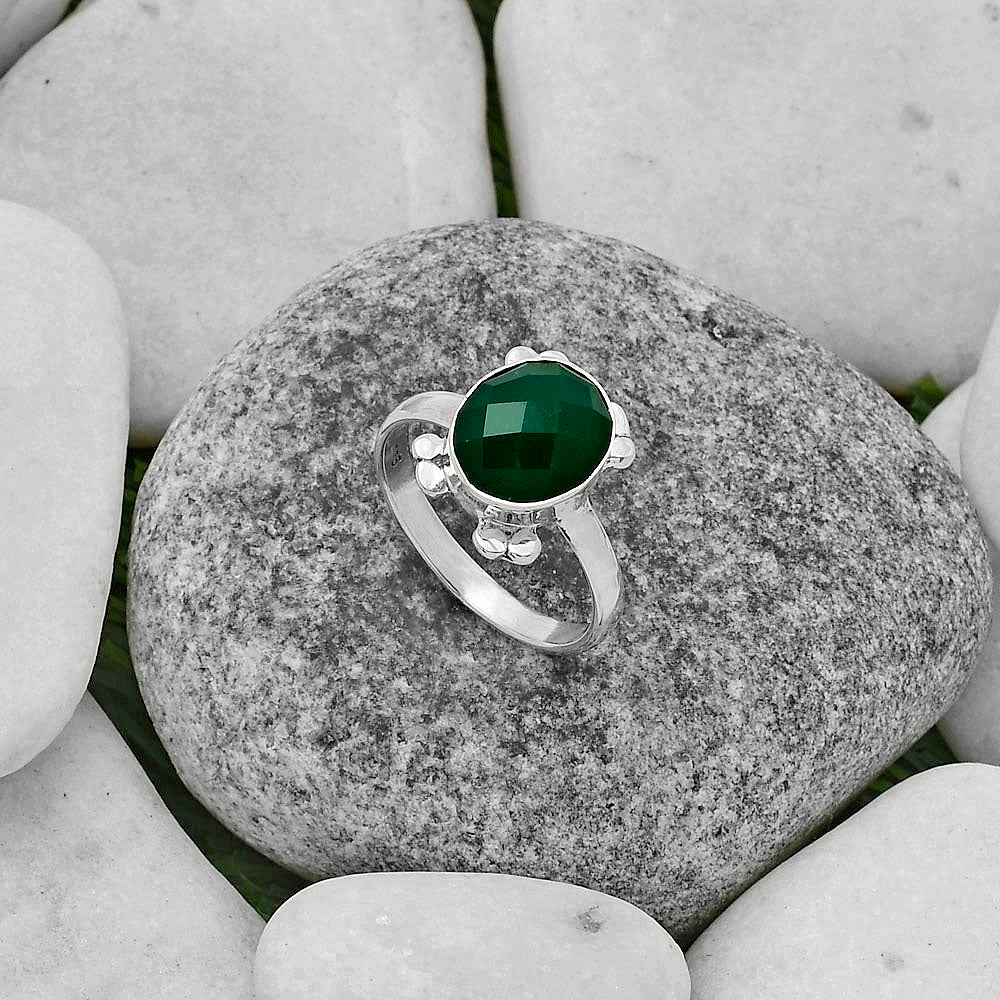 Faceted Natural Green Onyx Ring size-7.5 R-1091 SDR177023