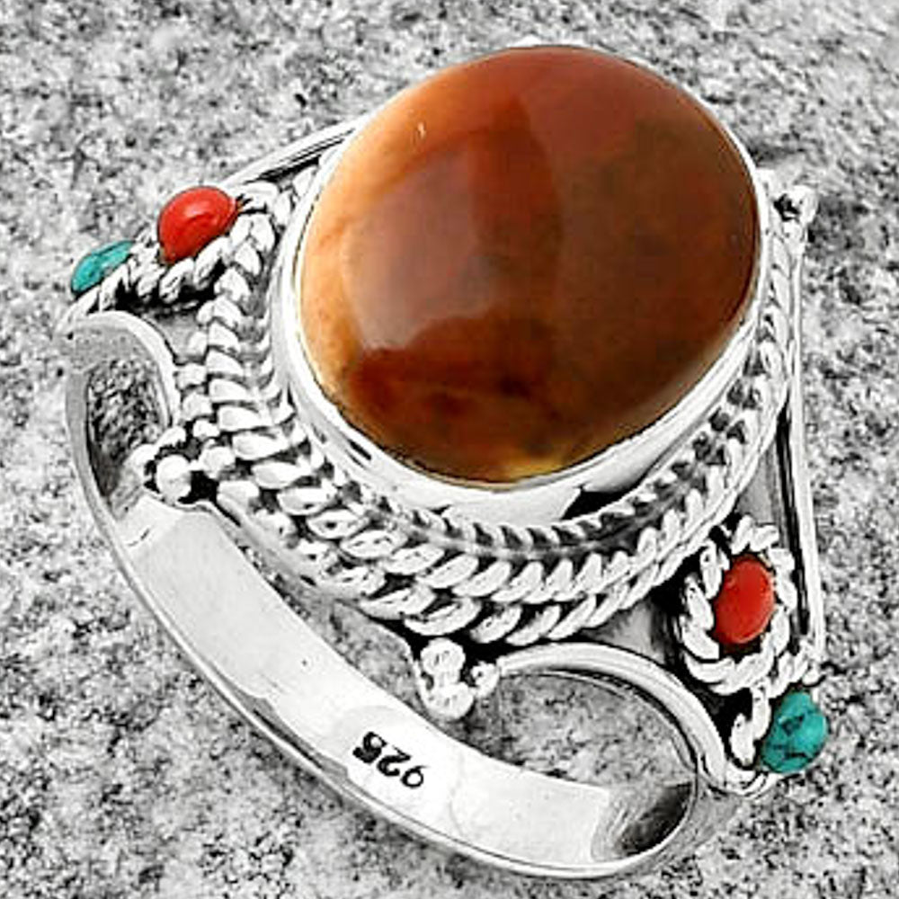 Red Moss Agate, Coral & Turquoise Ring size-7.5 R-1510 SDR188404