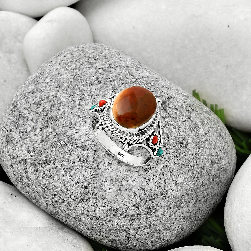 Red Moss Agate, Coral & Turquoise Ring size-7.5 R-1510 SDR188404