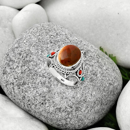 Red Moss Agate, Coral & Turquoise Ring size-7.5 R-1510 SDR188404