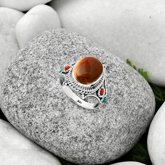 Red Moss Agate, Coral & Turquoise Ring size-7.5 R-1510 SDR188404