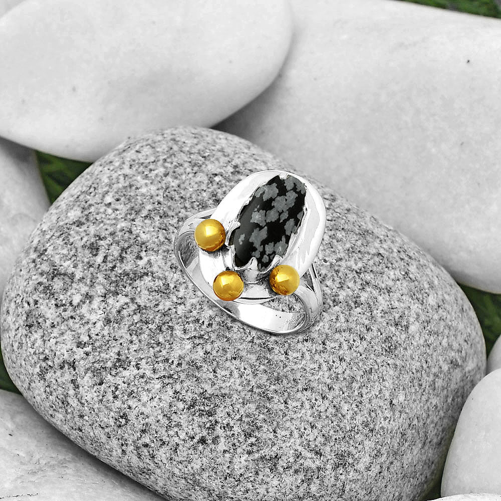 Two Tone - Snow Flake Obsidian Ring size-7.5 R-1503 SDR189977