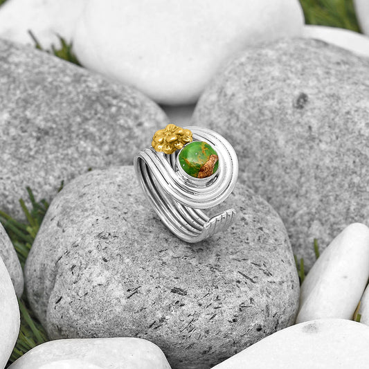 Two Tone Flower - Copper Green Turquoise Ring size-7.5 R-1491 SDR194018