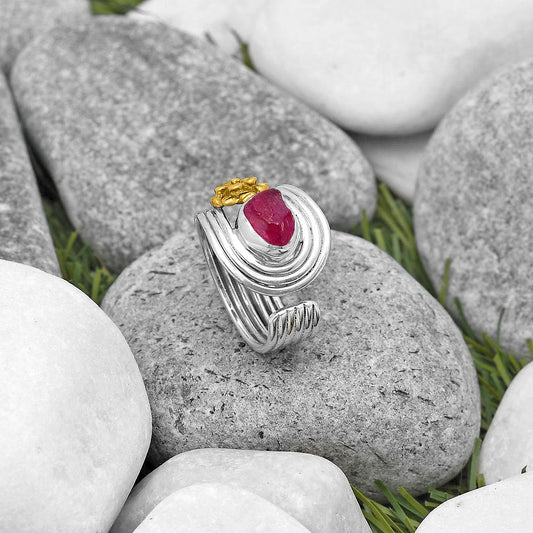 Two Tone Flower - Pink Tourmaline Rough Ring size-8.5 R-1491 SDR194042