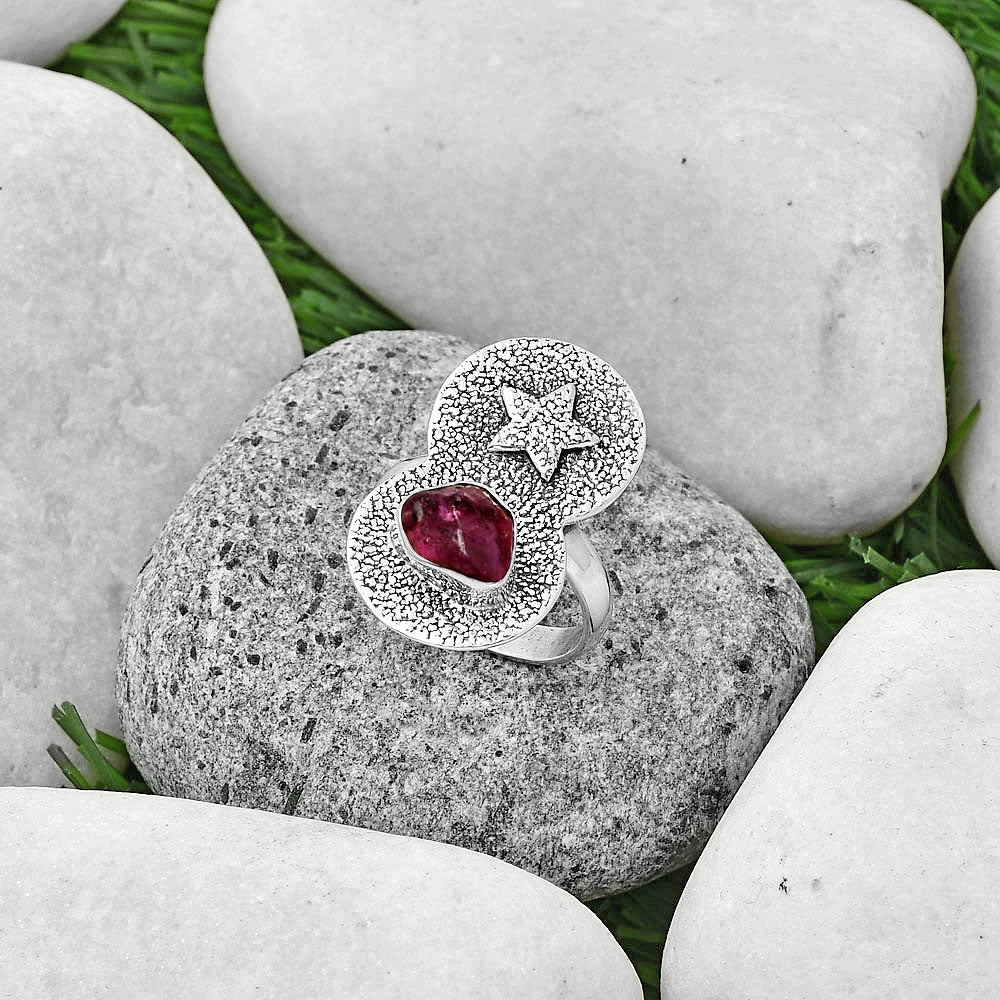 Star Natural Pink Tourmaline Rough Ring size-7.5 R-1290 SDR194842