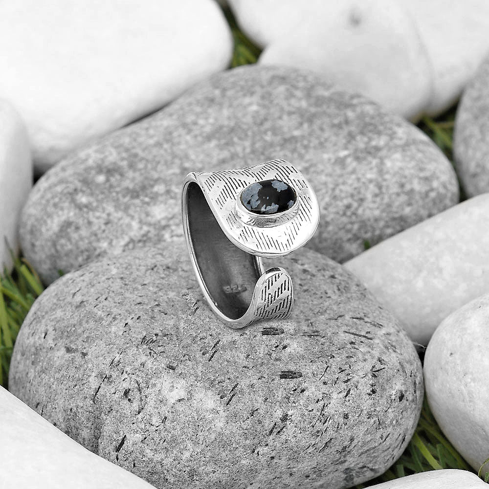Adjustable - Snow Flake Obsidian Ring size-7.5 R-1319 SDR195291