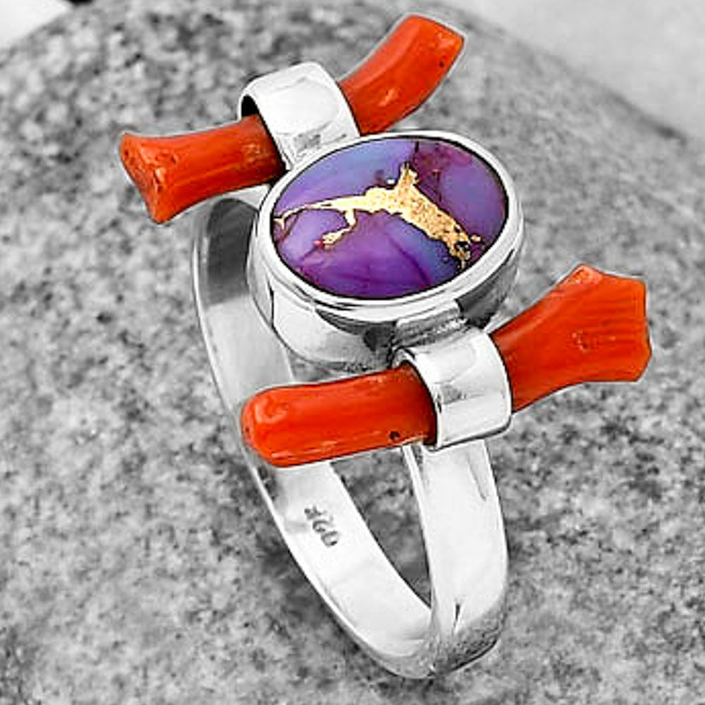 Copper Purple Turquoise & Coral Stick Ring size-8 R-1448 SDR204885