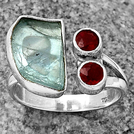 Adjustable - Sky Blue Topaz Rough & Garnet Ring size-7.5 R-1243 SDR206903