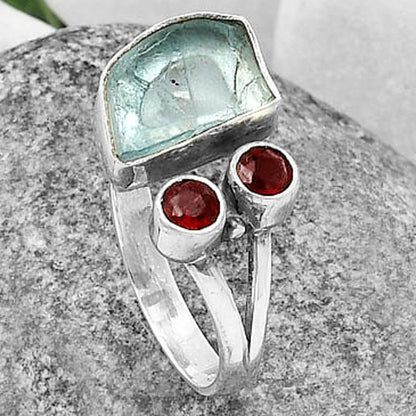 Adjustable - Sky Blue Topaz Rough & Garnet Ring size-7.5 R-1243 SDR206903