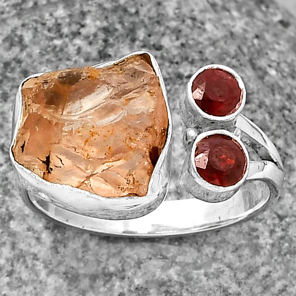 Adjustable Rose Quartz Rough & Garnet Ring size-8 R-1243 SDR206904