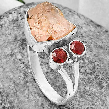 Adjustable Rose Quartz Rough & Garnet Ring size-8 R-1243 SDR206904
