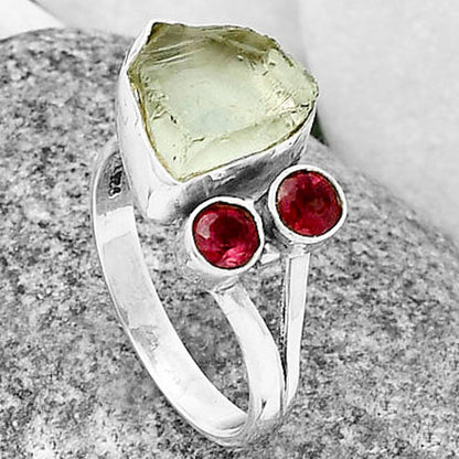 Adjustable Prasiolite (Green Amethyst) Rough & Garnet Ring size-8 R-1243 SDR206943