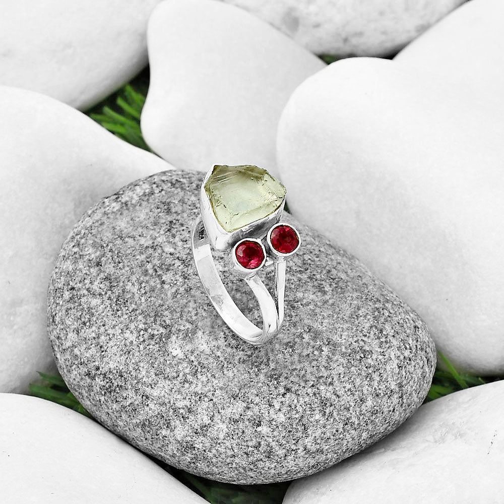Adjustable Prasiolite (Green Amethyst) Rough & Garnet Ring size-8 R-1243 SDR206943