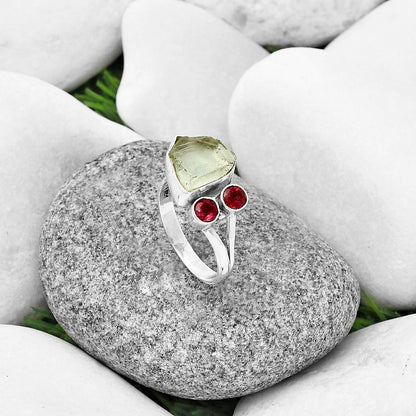 Adjustable Prasiolite (Green Amethyst) Rough & Garnet Ring size-8 R-1243 SDR206943